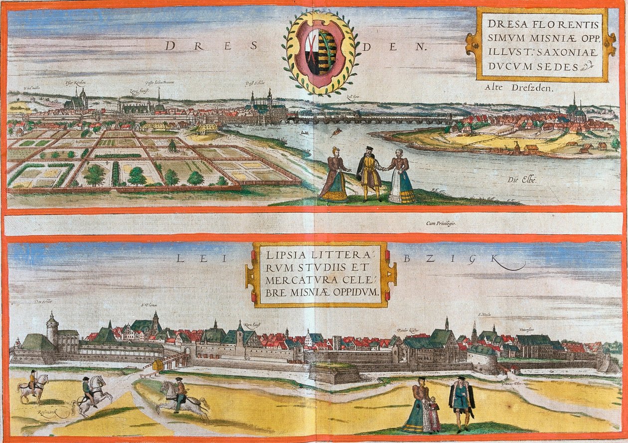 Utsikt over Dresden (Dresa) og Leipzig (Lipsia), Tyskland (radering av Franz Hogenberg