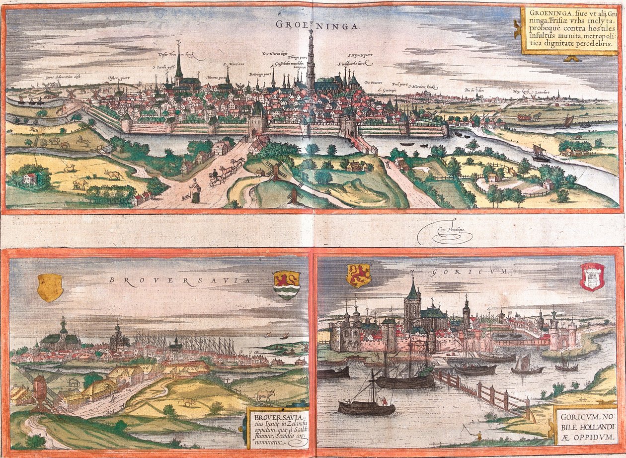 Utsikt over Groningen (Groeninga), Brouwershaven (Broversavia) og Gorinchem (Goricum), i Nederland (etsing av Franz Hogenberg