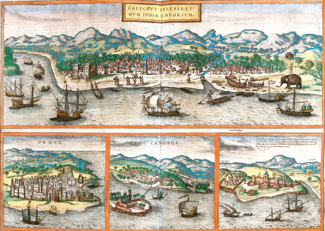 Utsikt over Kozhikode eller Calicut (India), Ormuz (Iran), Cannanore eller Kannur (India) og St. George of the Mine (S. George) eller Elmina (Ghana) (etsing av Franz Hogenberg