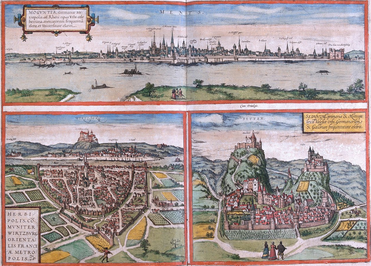 Utsikt over Mainz (Moguntia), Würzburg, Tyskland og Sion (Sedunum) i Sveits (radering av Franz Hogenberg