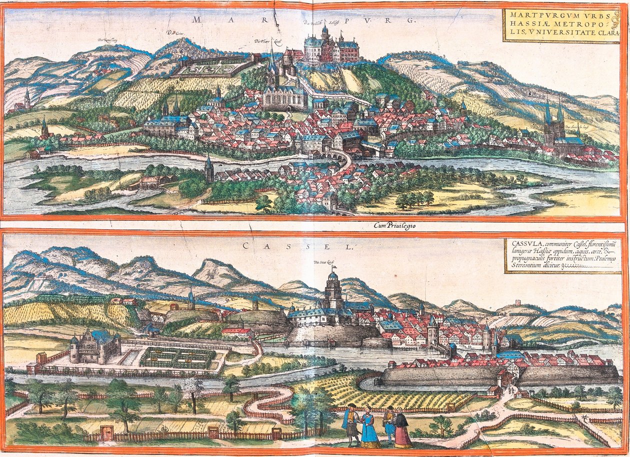 Utsikt over Marburg (Martpurgum) og Cassel (Cassila), Tyskland (radering av Franz Hogenberg
