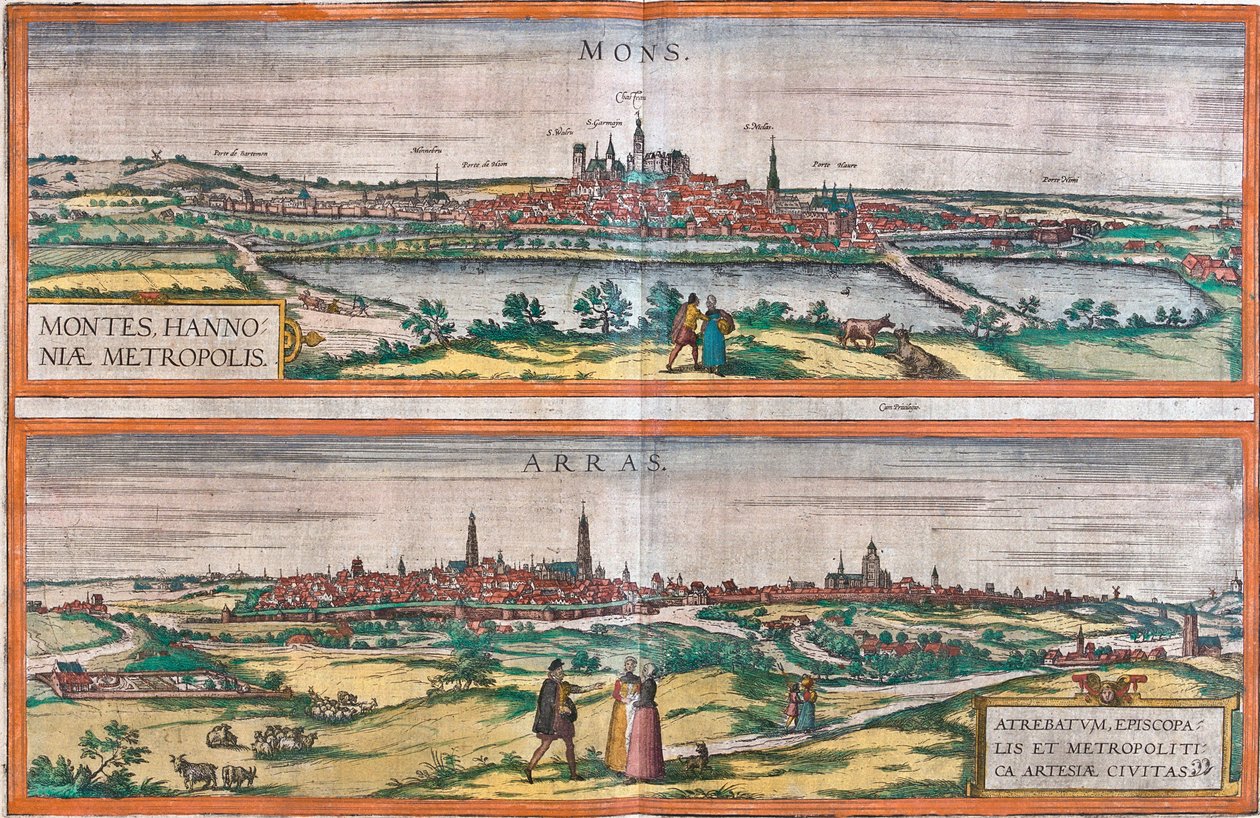 Utsikt over Mons (Montes) (Belgia) og Arras, Frankrike (radering av Franz Hogenberg
