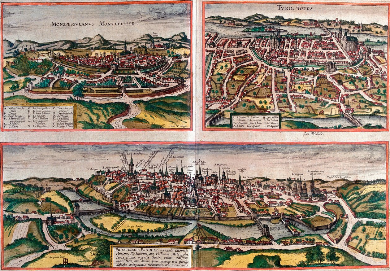 Utsikt over Montpellier (Monspessulanus), Tours (Turo) og Poitiers (Pictavis), Frankrike (radering av Franz Hogenberg
