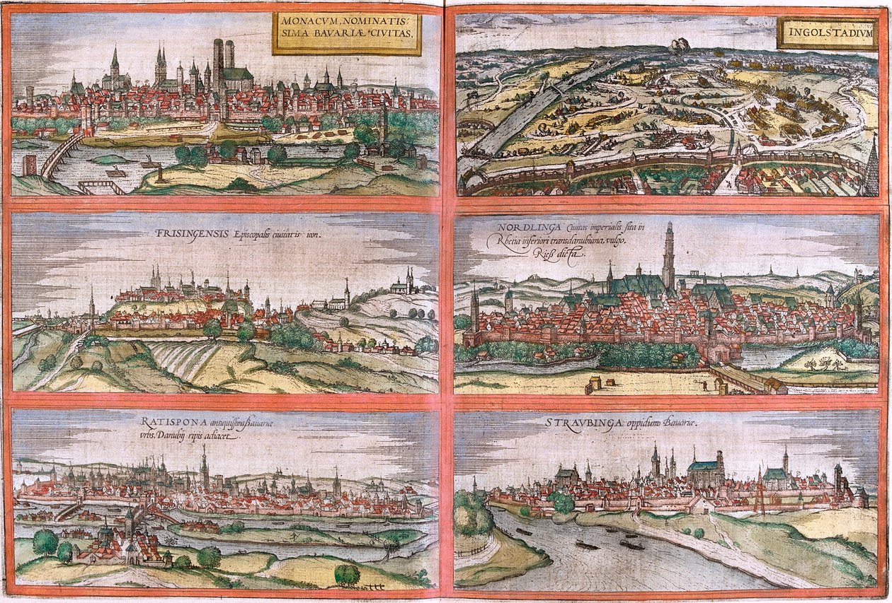 Utsikt over München (Monacum) Ingolstadt (Ingolstadium), Freising (Frisingensis), Nordlingen (Nordlinga), Regensburg (Ratispona) og Straubing (Stravbinga), Tyskland (etsing av Franz Hogenberg