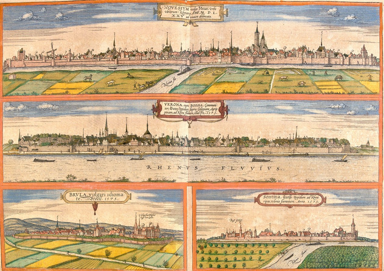 Utsikt over Neuss (Novesium), Bonn (Verona), Bruhl (Brula) og Zons (Sontina), Tyskland (etsing av Franz Hogenberg