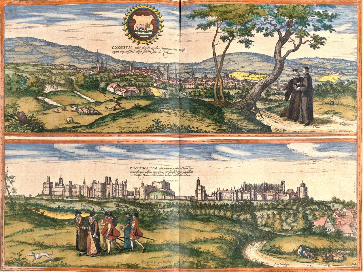 Utsikt over Oxford (Oxonium) og Windsor (Vindesorium), England (etsing av Franz Hogenberg