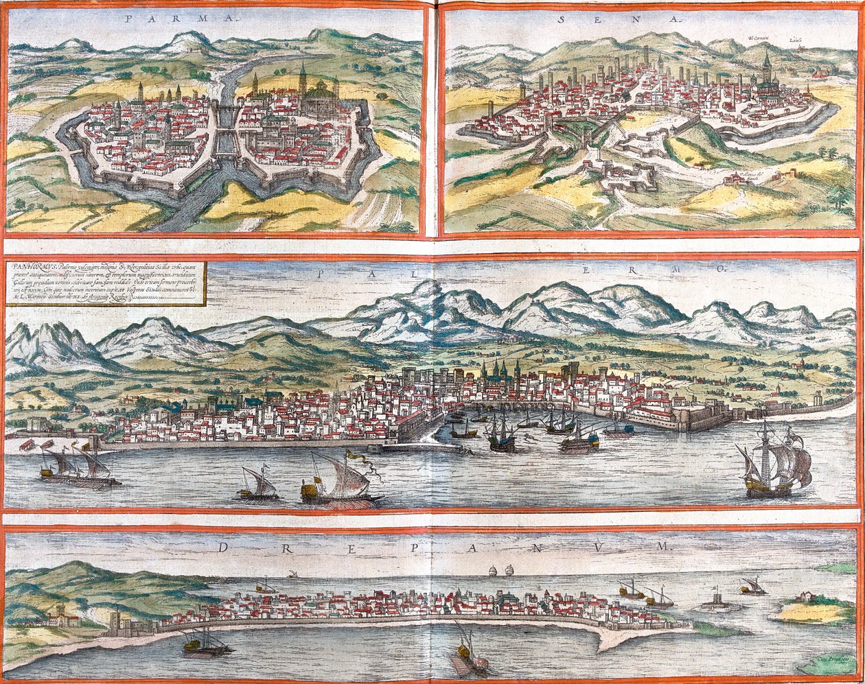 Utsikt over Parma (Parma), Siena (Sena), Palermo (Panhormus) og Trapani (Drepanum) (Sicilia), Italia (etsing av Franz Hogenberg