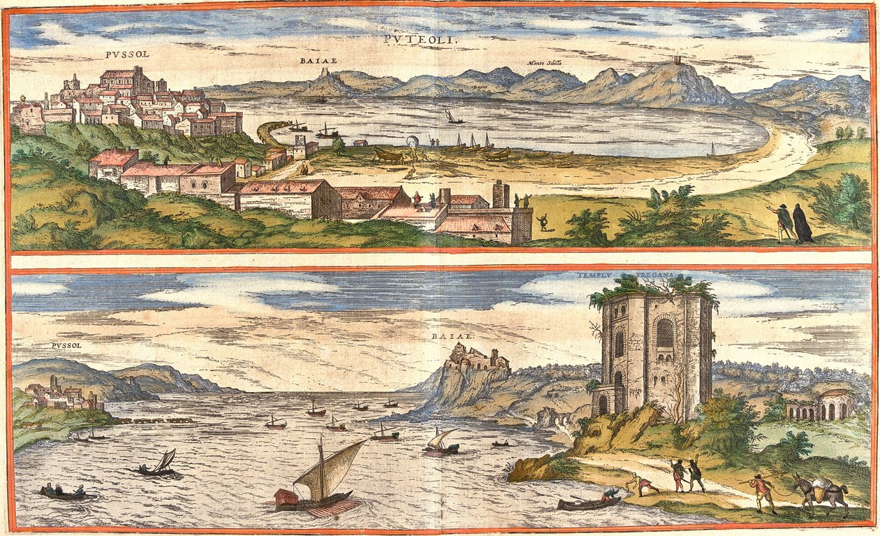 Utsikt over Pozzoli (Puteoli) og bukter (Baiae) (dagens Baia), Italia, med de eldgamle restene av de termiske badene i Napolibukta og en festning (etsing av Franz Hogenberg