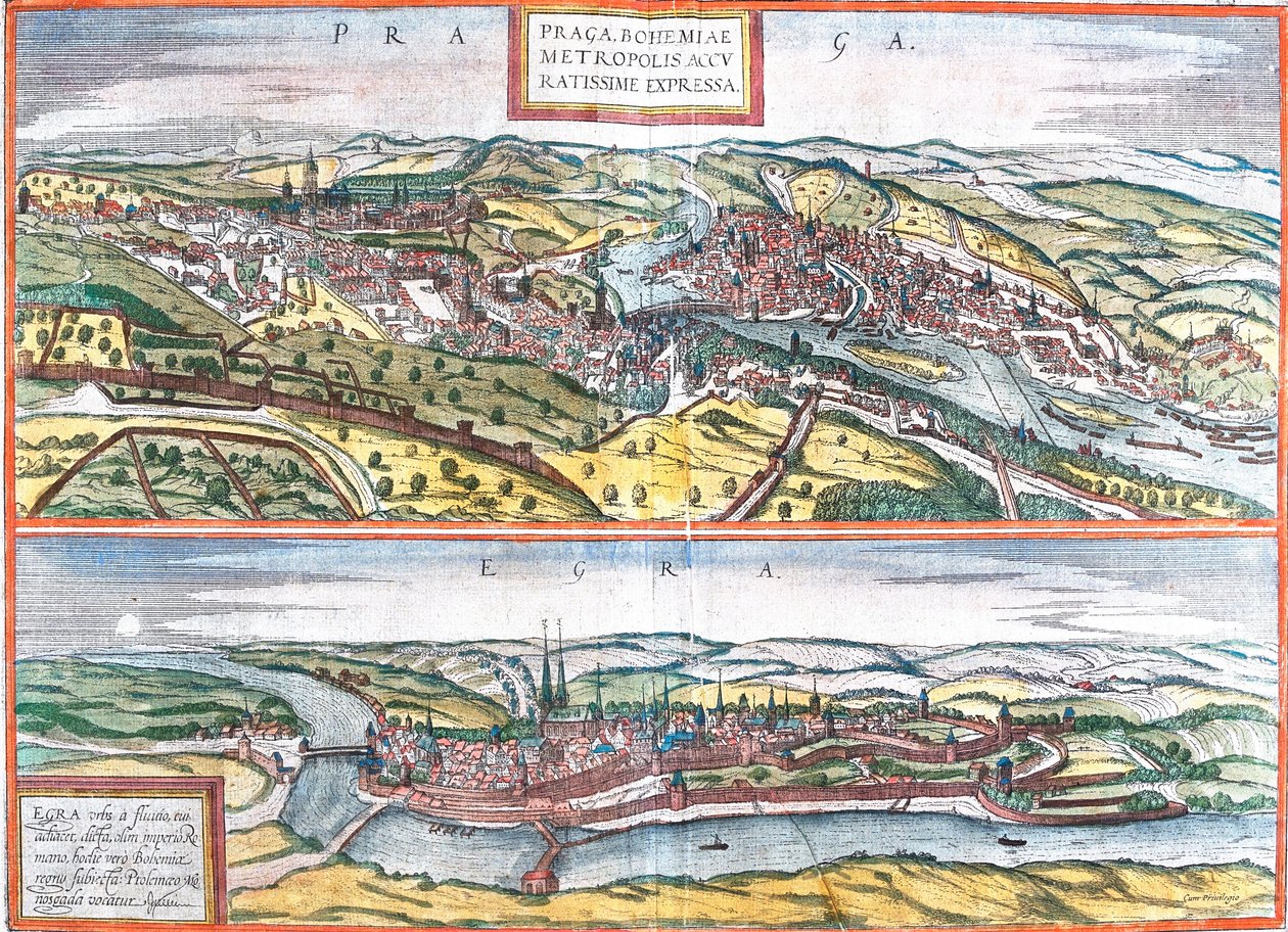 Utsikt over Praha (Praga) og Egra, Tsjekkia (etsning av Franz Hogenberg