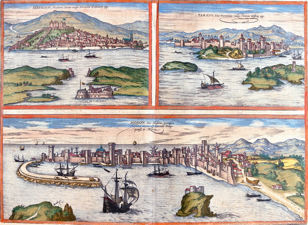 Utsikt over Sibenik (Sibinium, Sibenicho), Porec (foreldre, foreldre), Kroatia og Modon (Modona), Hellas (etsing av Franz Hogenberg