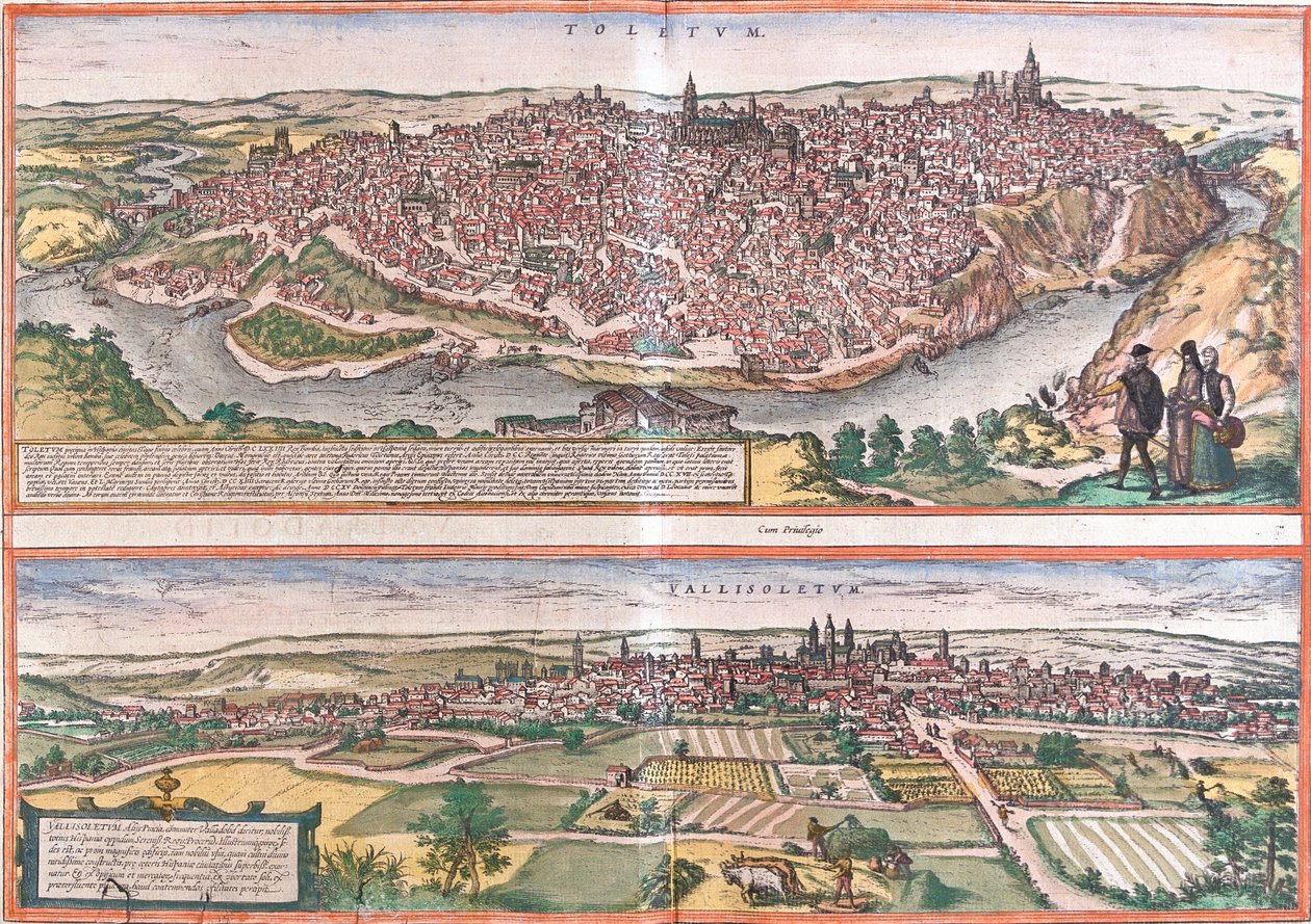 Utsikt over Toledo og Valladolid (Vallisoletum), Spania (etsning av Franz Hogenberg