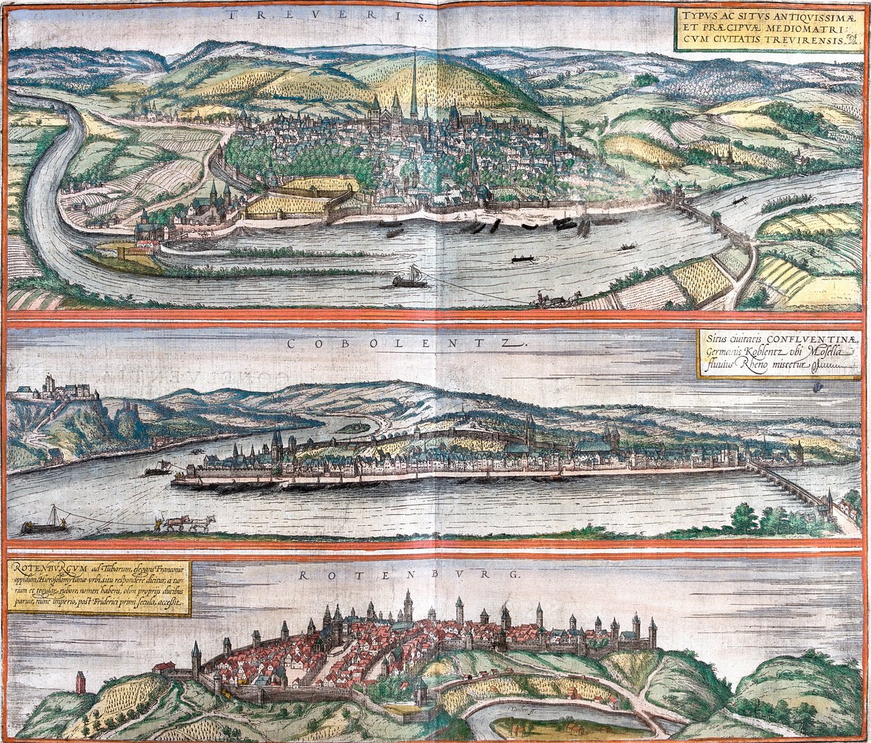 Utsikt over Treves (Treveris), Koblenz (Coboletz) og Rothenburg (Rotenburgum), Tyskland (radering av Franz Hogenberg
