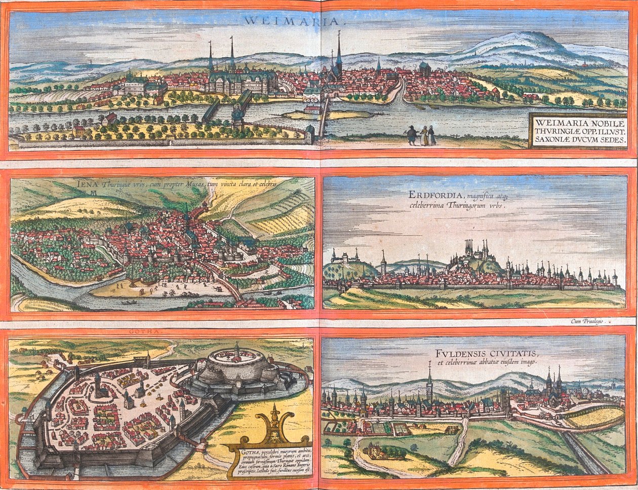 Utsikt over Weimar (Weimaria), Iena, Erfurt (Erdfordia), Gotha og Fulde (Fuldensis), Tyskland (radering av Franz Hogenberg