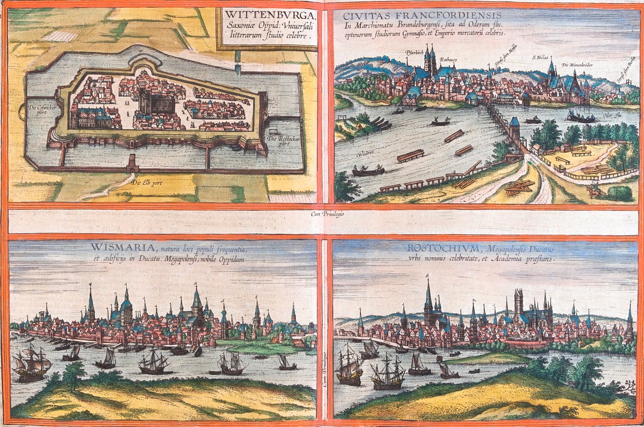 Utsikt over Wittenburg (Wittenburga), Frankfurt (Francfordiensis), Wismar (Wismaria) og Rostock (Rostochium), Tyskland (etsing av Franz Hogenberg