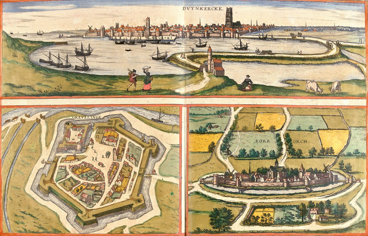 Utsikt over Dunkerque (Duynkercke), Gravelines (Grevelinge) og Bourbourg (Borborch), Frankrike (radering av Franz Hogenberg