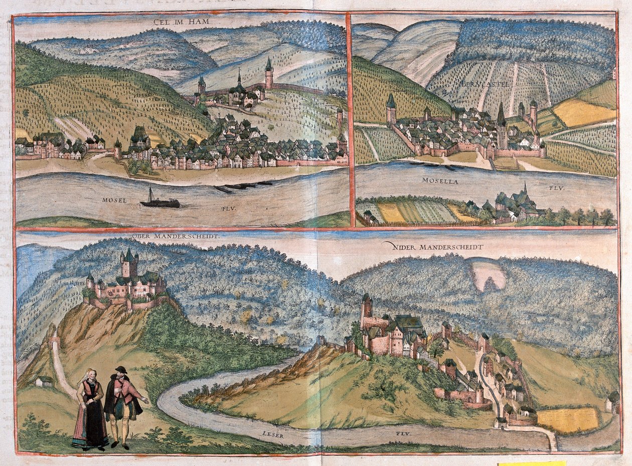 Zell an der Mosel, Bernkastel-Kues, Manderscheid, Tyskland (gravering av Franz Hogenberg