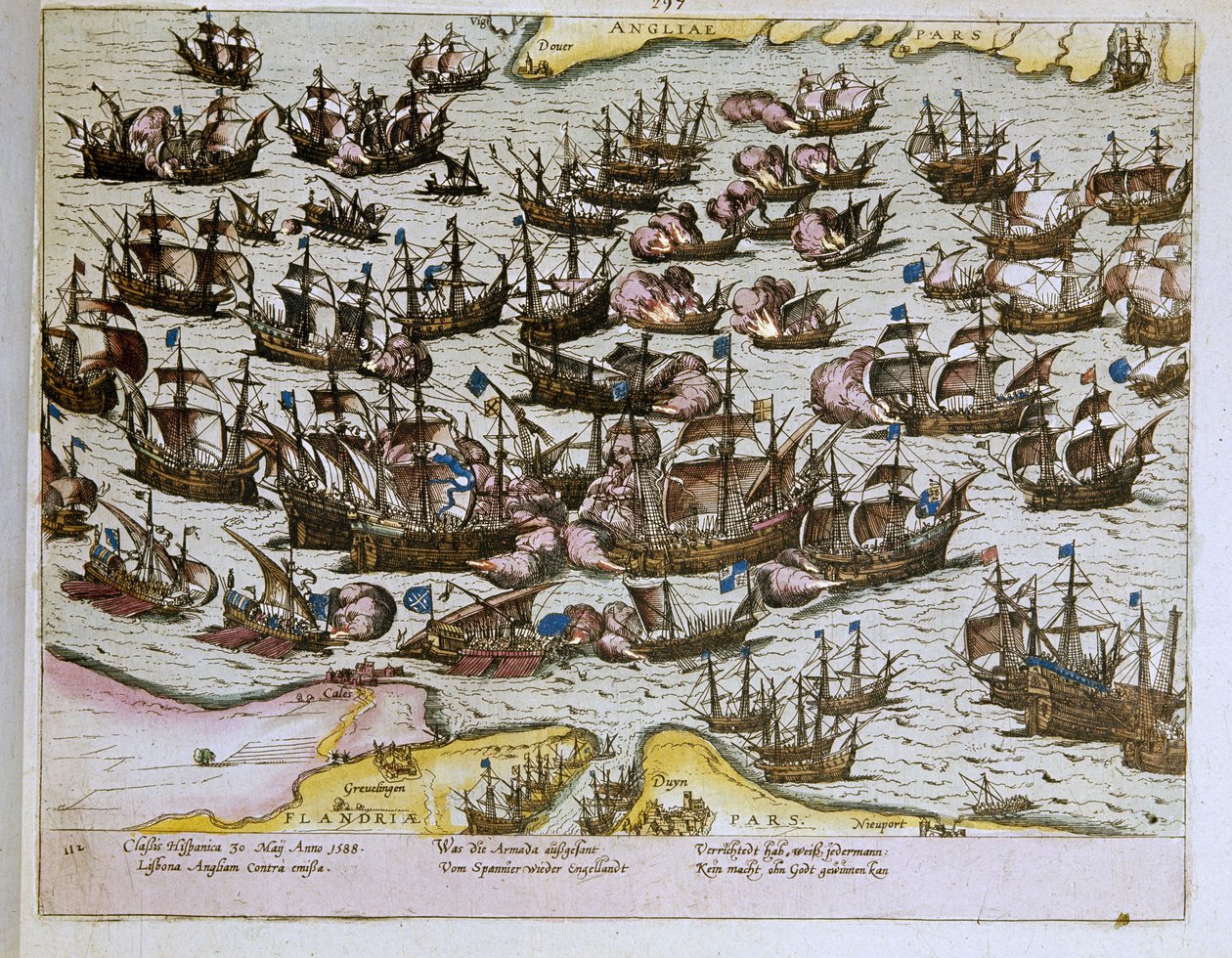 nederlaget til den usynlige spanske armadaen ved de engelske kysten 08.08.1588, illustrasjon fra 1653 (gravering) av Franz Hogenberg