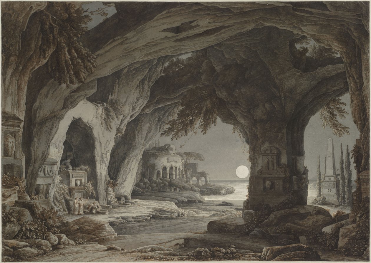 Ideelt landskap med steingrotte, graver og ruiner i måneskinnet, ca. 1790. av Franz Innocenz Josef Kobell