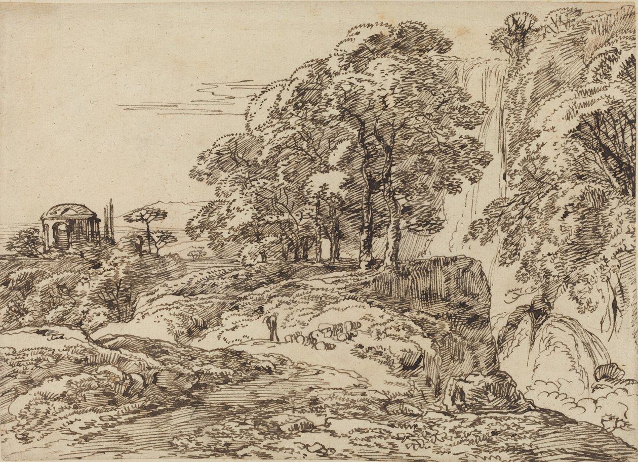 Pastoralt landskap med en foss og et tempel av Franz Innocenz Josef Kobell