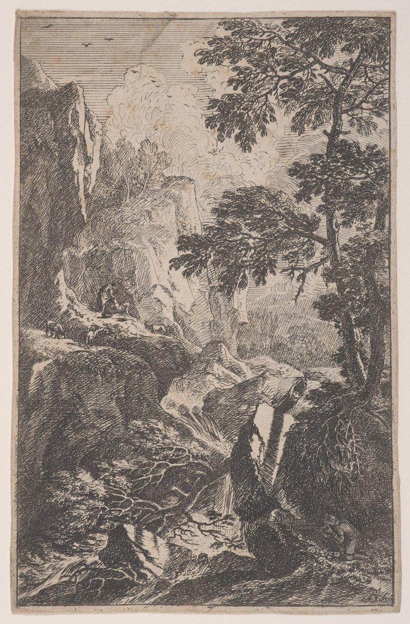 Plate 2: en jeger som sikter med pistolen sin, kneler ved siden av en stor stein til høyre, en ma..., ca. 1700-25. av Franz Joachim Beich