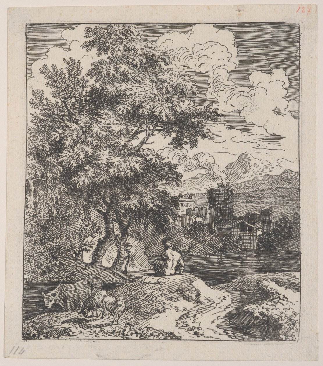 Plate 3: en gjeter som sitter på en høyde, en ku og to sauer til venstre, og en by i ri..., ca. 1700-25. av Franz Joachim Beich
