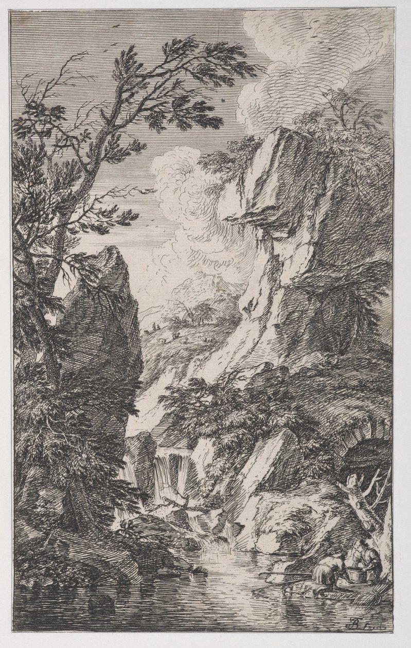 Plate 4: to fiskere på bredden av en bekk til høyre, en foss i midten, fra..., ca. 1700-25. av Franz Joachim Beich