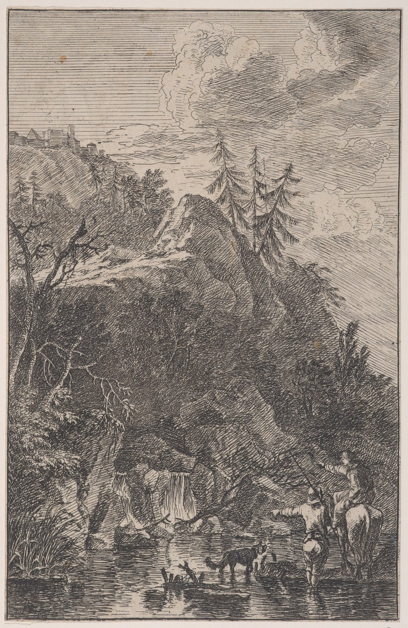Plate 5: kvinneskikkelse på hesteryggen og en mannsskikkelse med hund stående i en stre..., ca. 1700-25. av Franz Joachim Beich