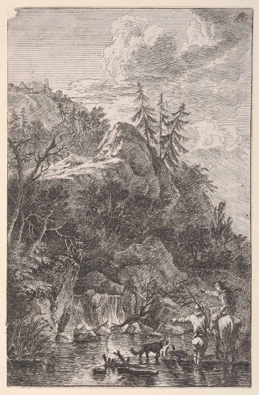 Plate 5: kvinneskikkelse på hesteryggen og en mannsskikkelse med hund stående i en stre..., ca. 1700-25. av Franz Joachim Beich