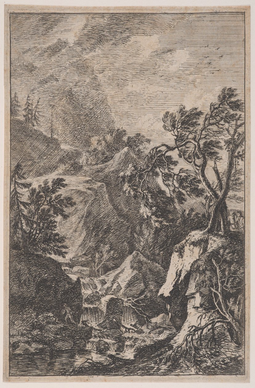 Plate 6: to mannsfigurer som står på en stein til høyre, en foss i midten med en..., ca. 1700-25. av Franz Joachim Beich
