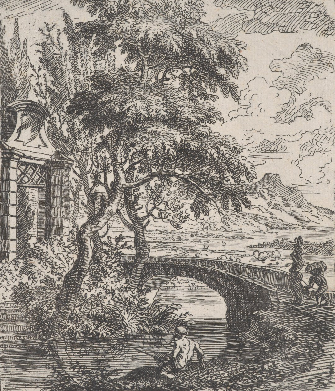 Plate 7: to figurer til høyre i ferd med å krysse en steinbro, en fisker i for..., ca. 1700-25. av Franz Joachim Beich
