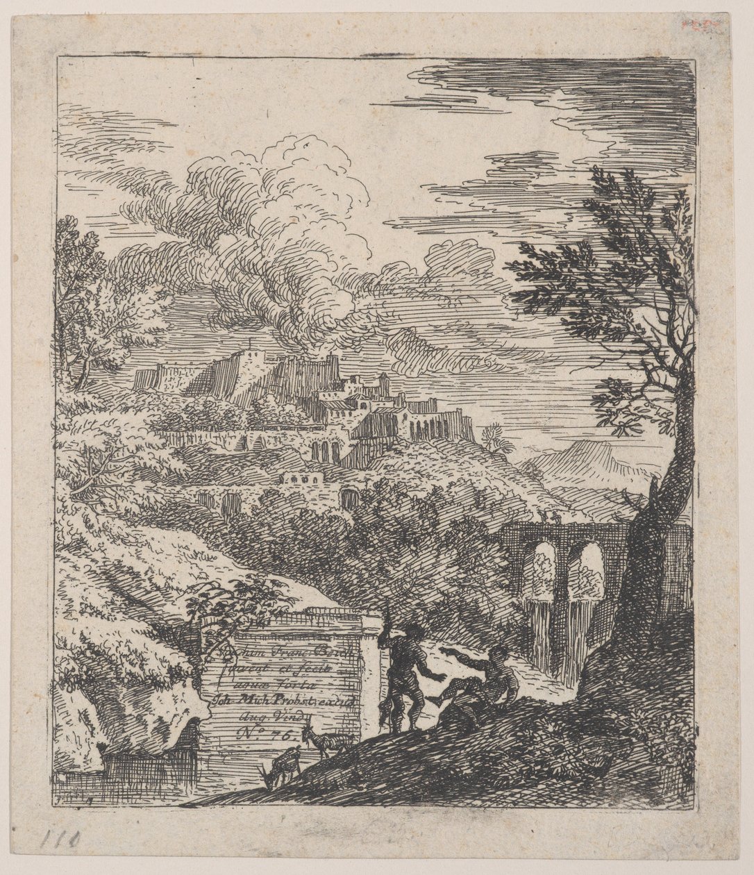 To gjetere hviler ved siden av en sokkel, en akvedukt til høyre i bakgrunnen, en..., ca. 1700-25. av Franz Joachim Beich