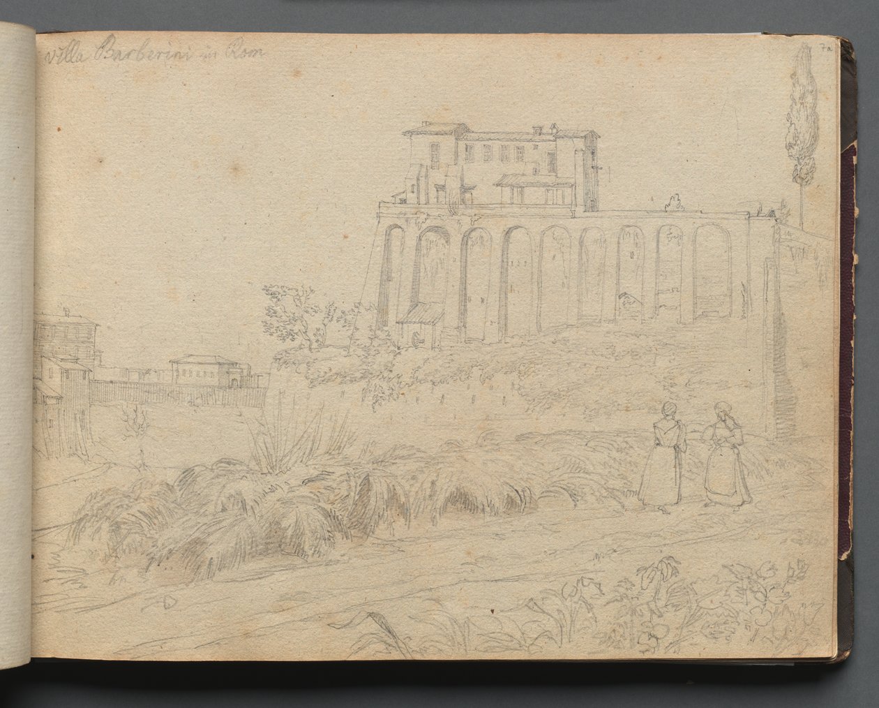 Album med utsikt over Roma og omgivelsene, landskapsstudier, side 07a: "Villa Barberini i Roma" av Franz Johann Heinrich Nadorp