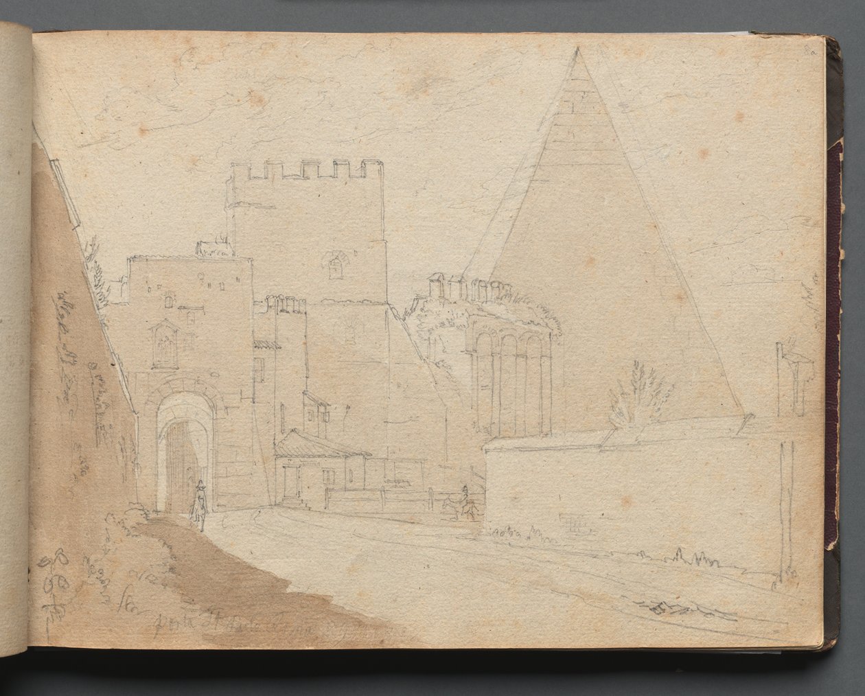 Album med utsikt over Roma og omgivelsene, landskapsstudier, side 08a: "Porta St. Paolo" av Franz Johann Heinrich Nadorp