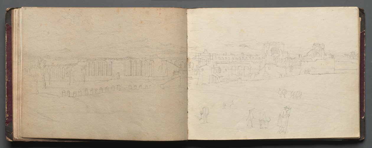 Album med utsikt over Roma og omgivelsene, landskapsstudier, side 08b og 09 a: Panoramautsikt…. av Franz Johann Heinrich Nadorp