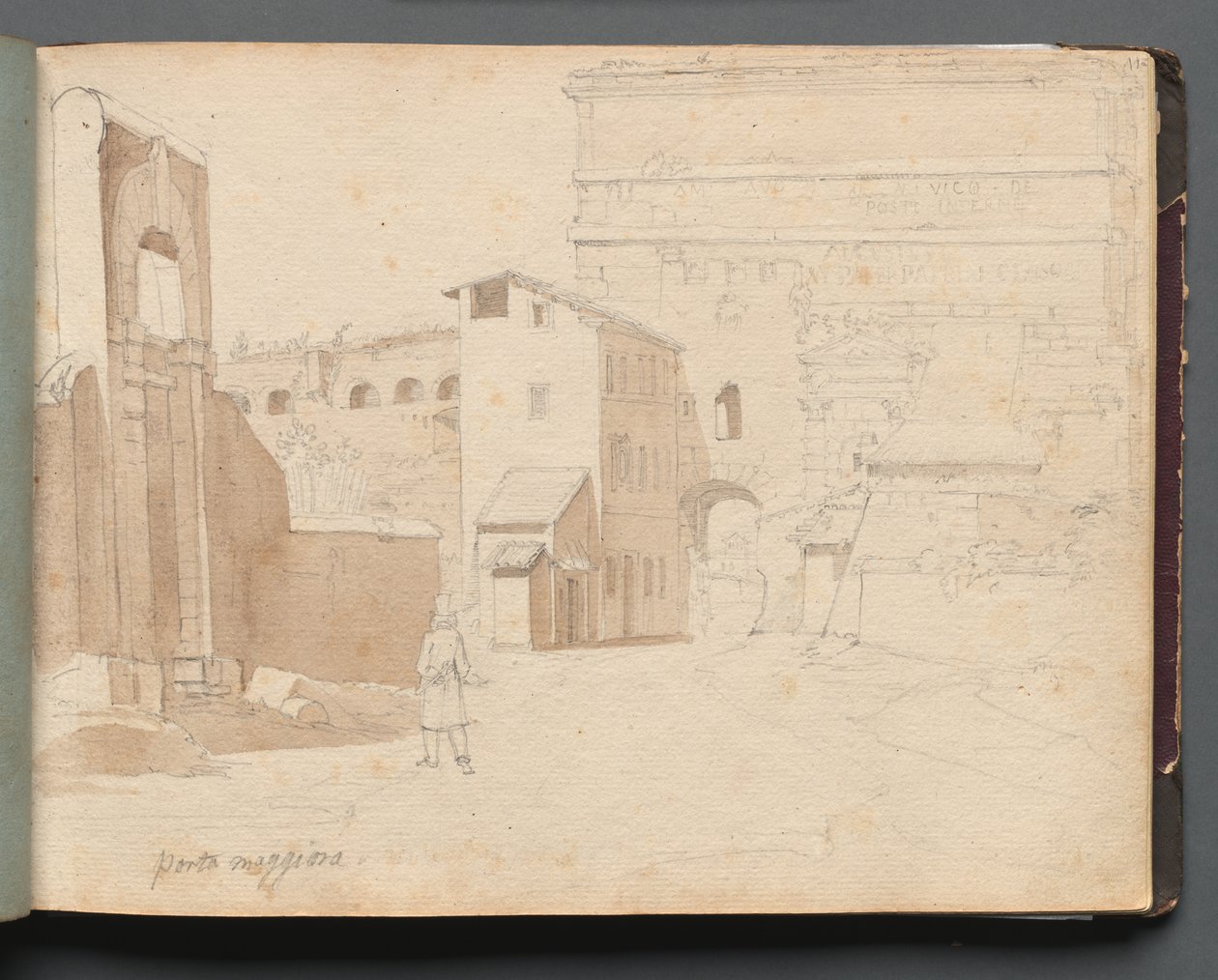 Album med utsikt over Roma og omgivelsene, landskapsstudier, side 11a: "Porta Maggiore" av Franz Johann Heinrich Nadorp
