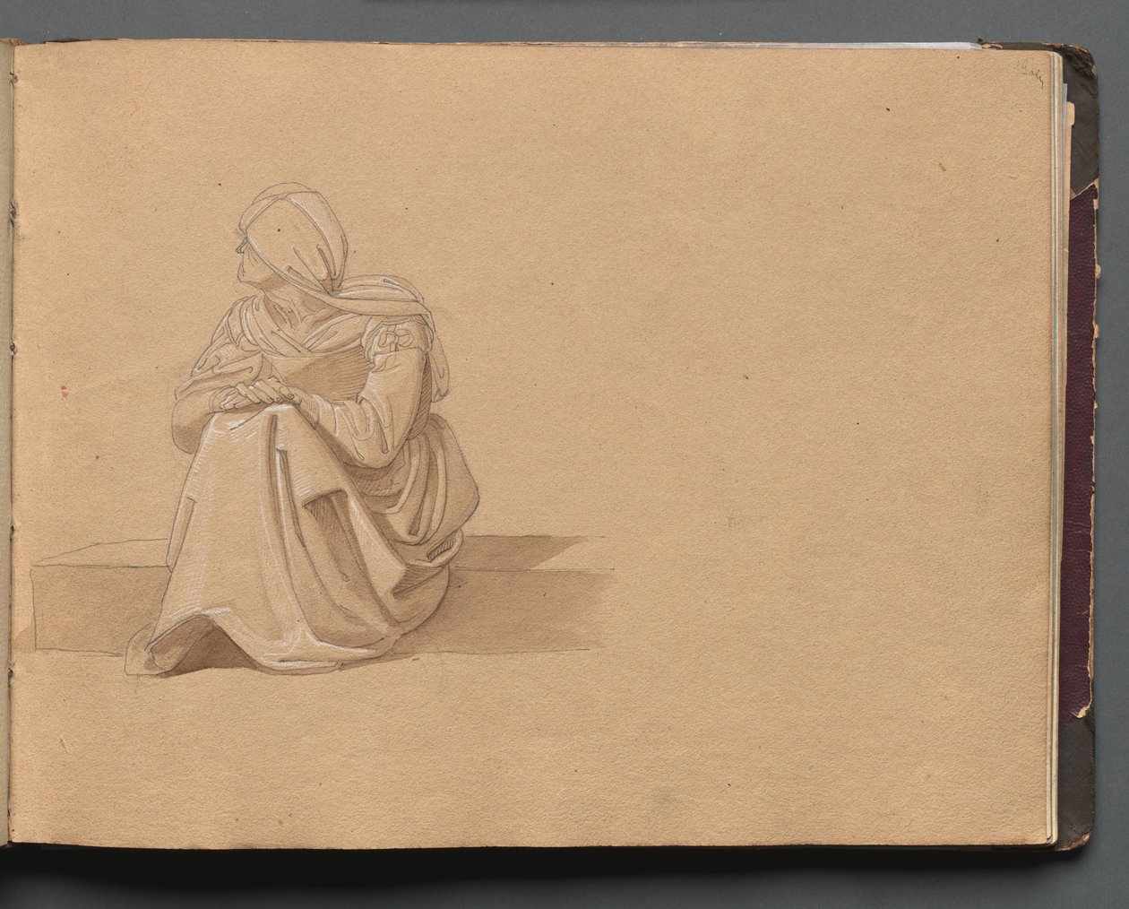 Album med utsikt over Roma og omgivelsene, landskapsstudier, side 19a: Sittende kvinnefigur. av Franz Johann Heinrich Nadorp