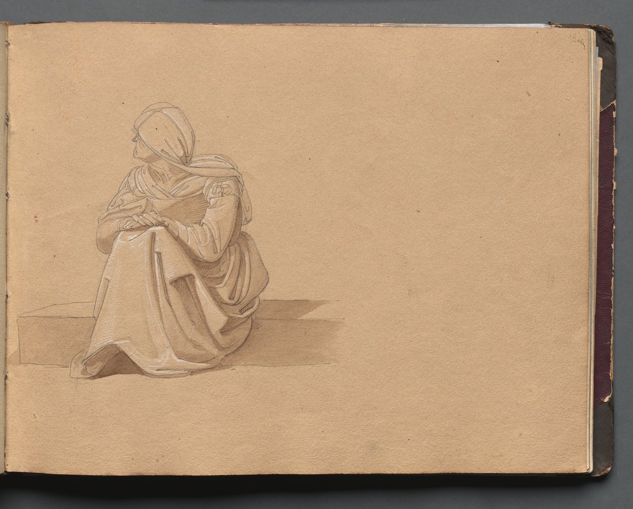 Album med utsikt over Roma og omgivelsene, landskapsstudier, side 19a: Sittende kvinneskikkelse av Franz Johann Heinrich Nadorp