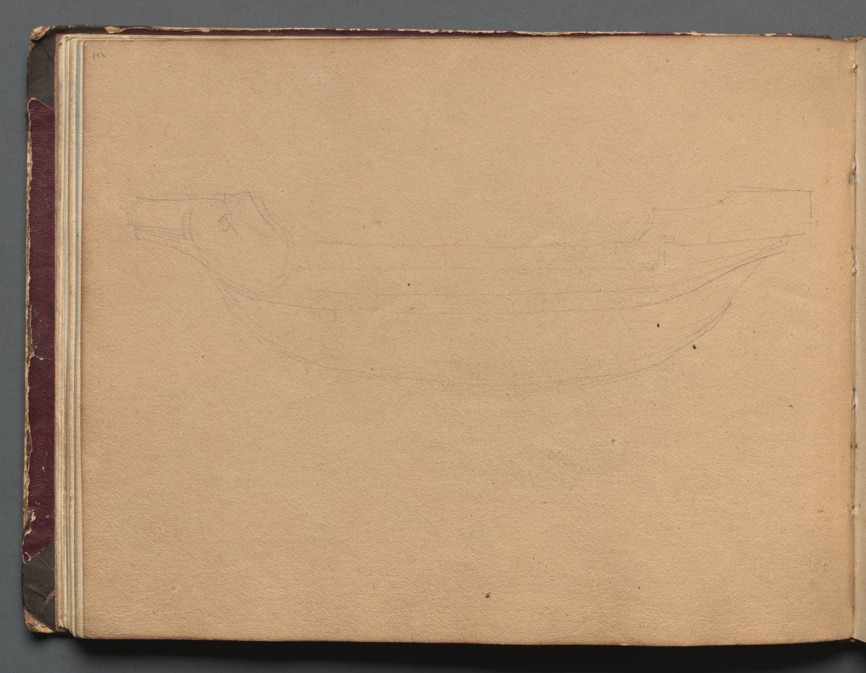 Album med utsikt over Roma og omegn, landskapsstudier, side 19b: Skisse av en båt. av Franz Johann Heinrich Nadorp