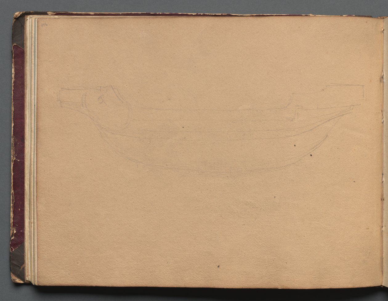 Album med utsikt over Roma og omegn, landskapsstudier, side 19b: Skisse av en båt av Franz Johann Heinrich Nadorp