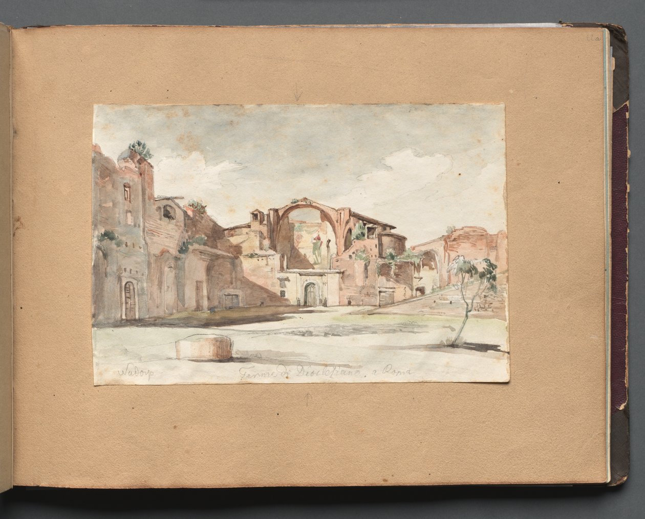 Album med utsikt over Roma og omgivelsene, landskapsstudier, side 22a: "Terme di Diocleziano, Roma" av Franz Johann Heinrich Nadorp