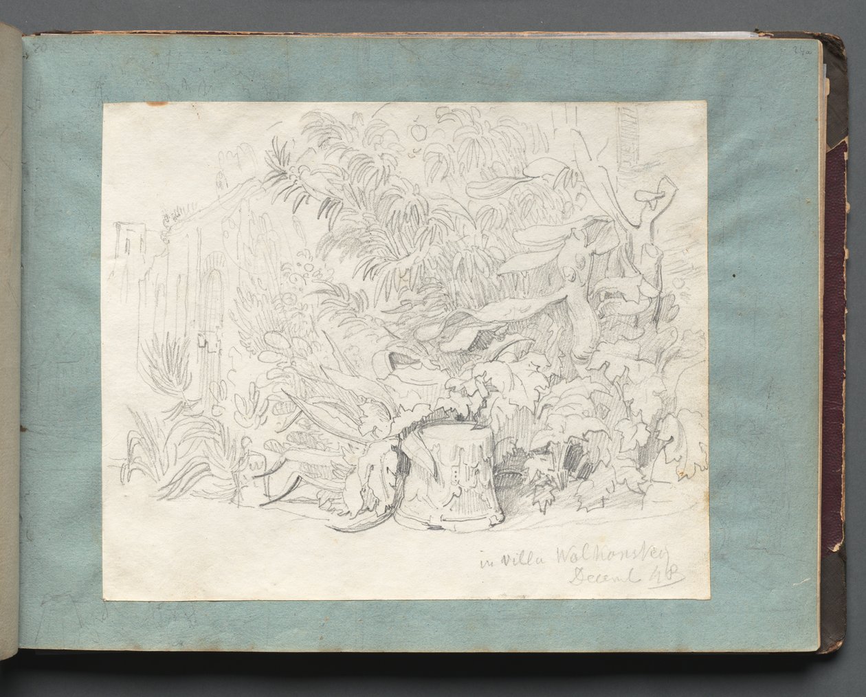 Album med utsikt over Roma og omgivelsene, landskapsstudier, side 24a: I Villa Walkonsky. av Franz Johann Heinrich Nadorp