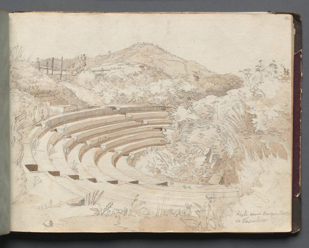 Album med utsikt over Roma og omgivelsene, landskapsstudier, side 25a: Amphitheatre, Tusculum av Franz Johann Heinrich Nadorp
