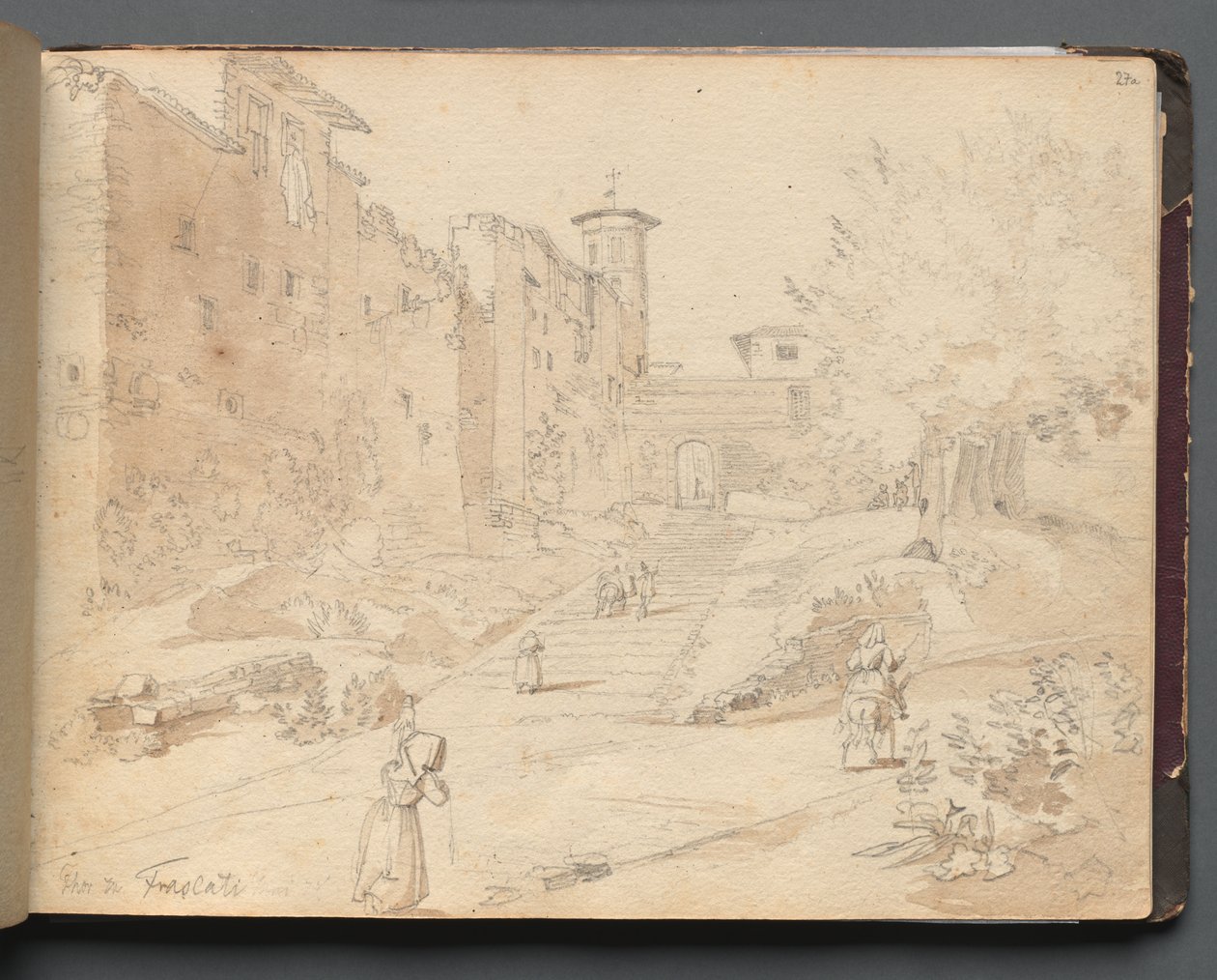 Album med utsikt over Roma og omgivelsene, landskapsstudier, side 27a: "Frascati" av Franz Johann Heinrich Nadorp