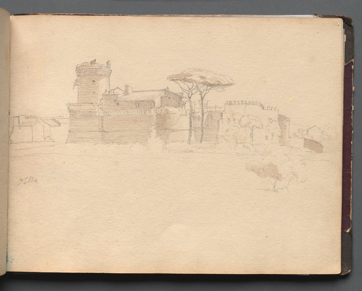 Album med utsikt over Roma og omgivelsene, landskapsstudier, side 28a: "Ostia" av Franz Johann Heinrich Nadorp