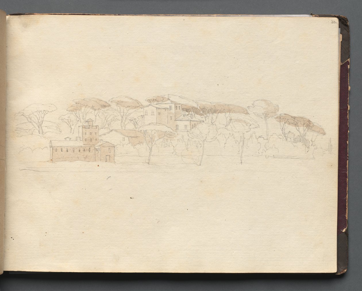 Album med utsikt over Roma og omgivelsene, landskapsstudier, side 30a: Romersk panoramautsikt av Franz Johann Heinrich Nadorp