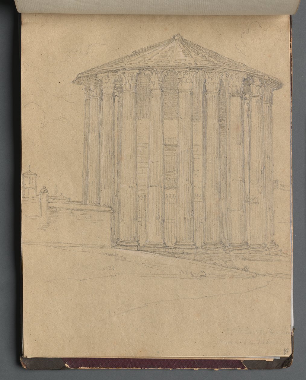 Album med utsikt over Roma og omgivelsene, landskapsstudier, side 32a: Romersk tempel av Franz Johann Heinrich Nadorp