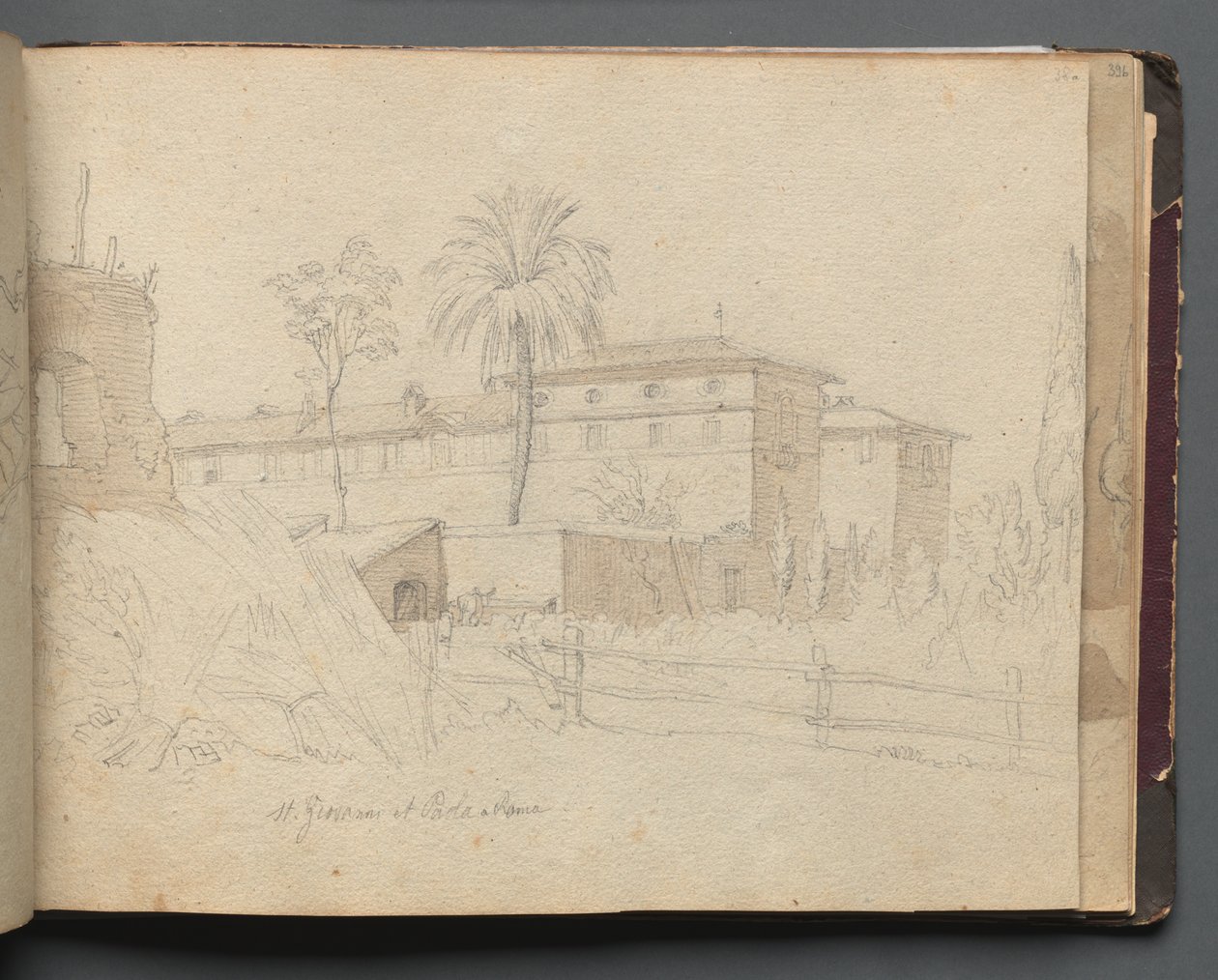 Album med utsikt over Roma og omegn, landskapsstudier, side 38a: :St. Giovanni og Paolo.... av Franz Johann Heinrich Nadorp
