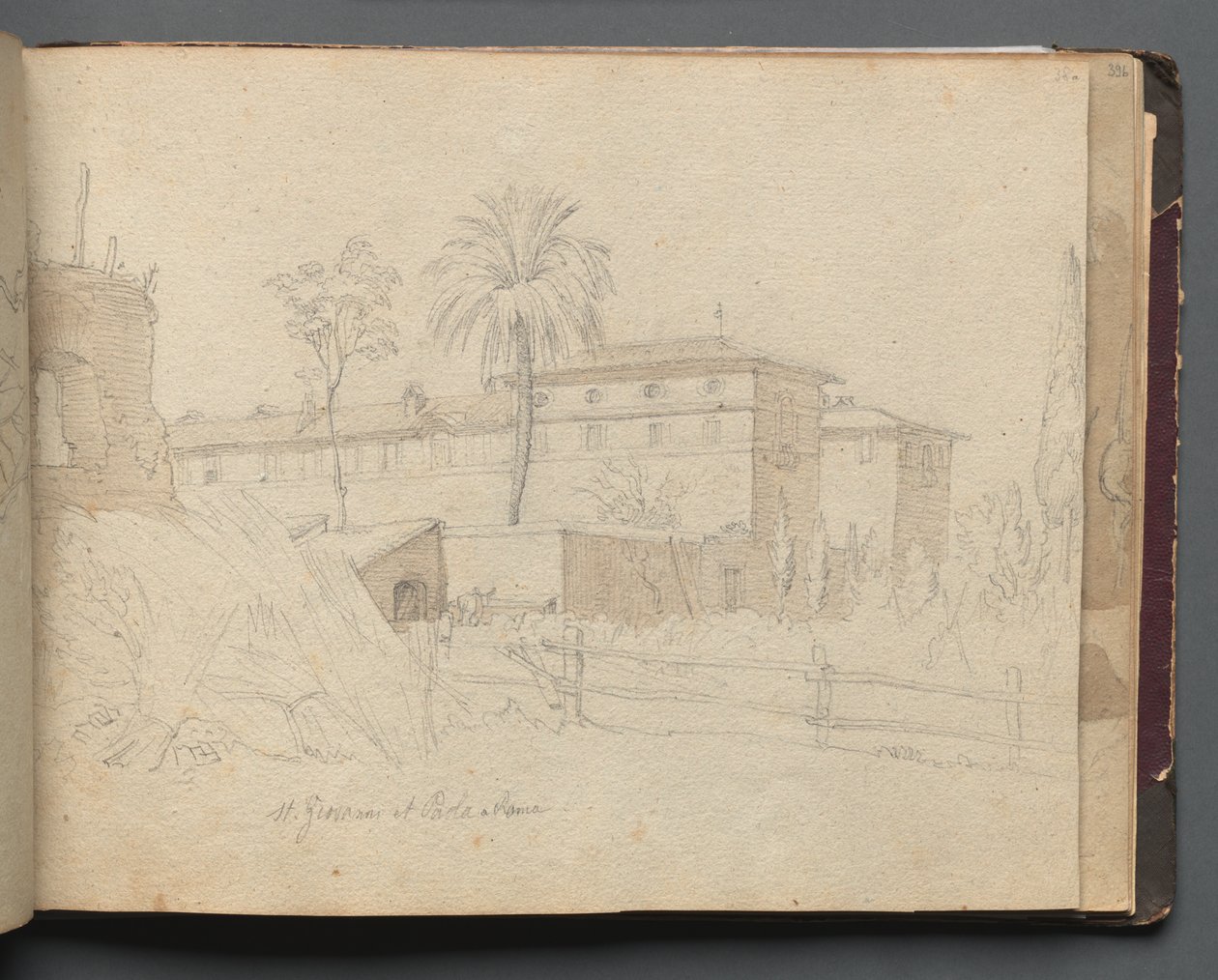 Album med utsikt over Roma og omegn, landskapsstudier, side 38a: :St. Giovanni e Paolo, Roma" av Franz Johann Heinrich Nadorp