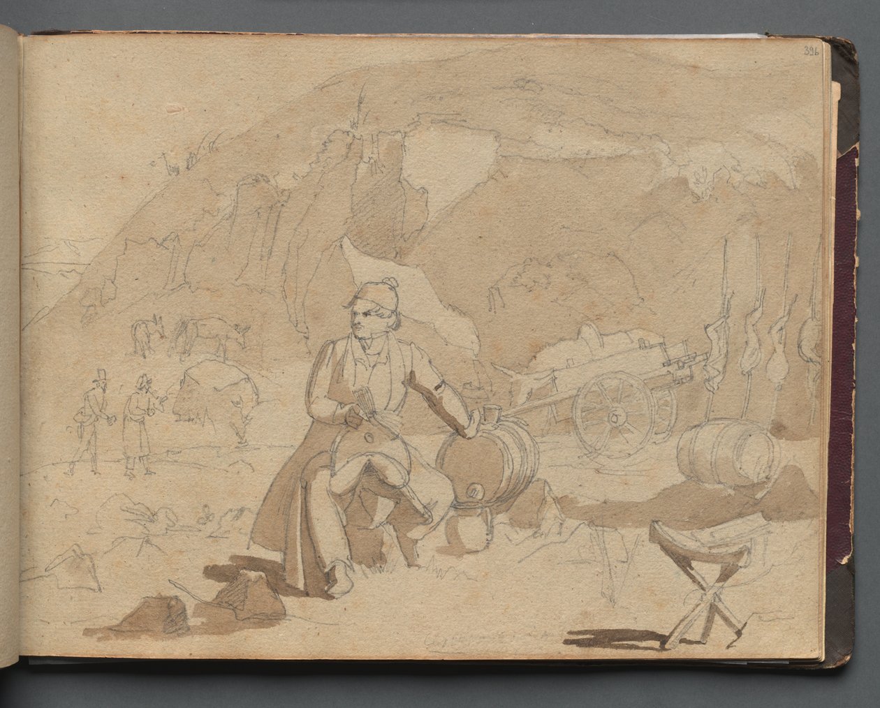 Album med utsikt over Roma og omgivelsene, landskapsstudier, side 39a: Figur i et landskap av Franz Johann Heinrich Nadorp