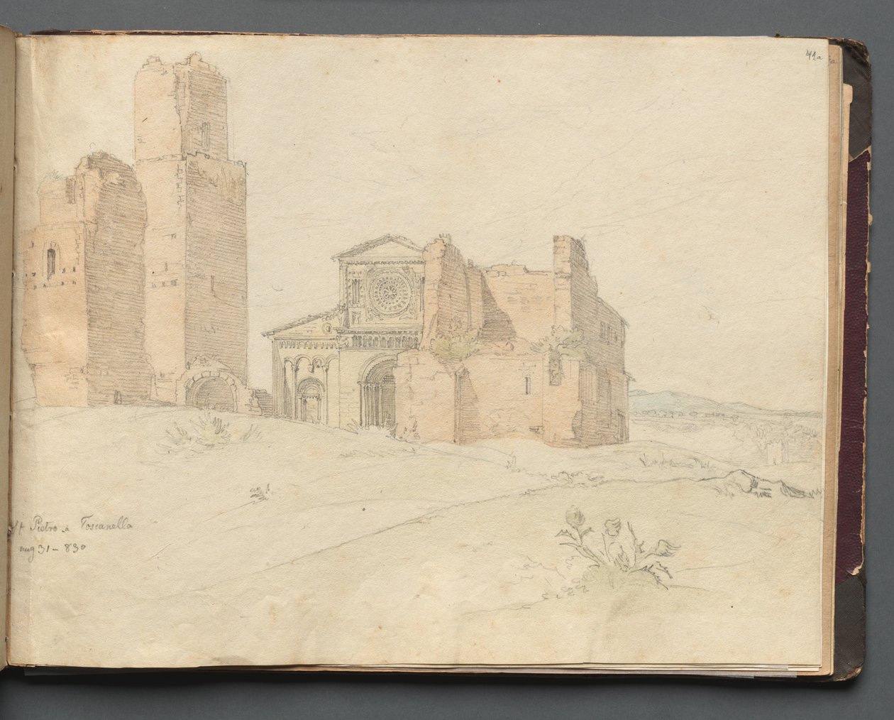 Album med utsikt over Roma og omegn, landskapsstudier, side 41a: St. Pietro, Toscanella. av Franz Johann Heinrich Nadorp